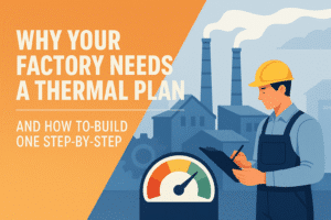 Factory worker reviewing a thermal plan checklist with heat gauge and industrial buildings in the background, illustrating the importance of thermal planning for factories.
