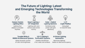 Infographic showing the latest and emerging lighting technologies including Human-Centric Lighting, IoT smart lighting, solar hybrid systems, Li-Fi, UV-C purification, tunable RGBW lighting and AI-driven automation.