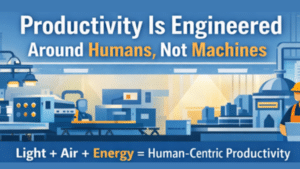Shop floor showing light air energy integration improving worker productivity and reducing fatigue