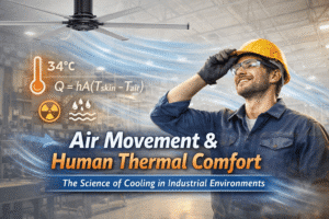"Industrial worker experiencing improved thermal comfort under HVLS fan with airflow in factory environment